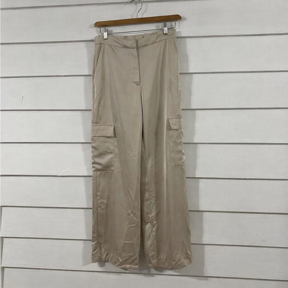 Zara Satin Wide Leg Cargo Trousers Beige Cream xs High Waisted Pants